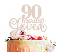 MYAMPED 90 Years Loved Cake Topper - Rose Gold Glitter 90th Birthday & Anniversary Cake Decoration for Women Men Party Supplies, Photo Booth Props