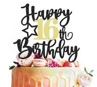 MYAMPED Happy 16th Birthday Cake Topper - Black Glitter 16th Birthday Cake Decoration, Cheers to 16 Years Birthday Cake Pick 16 Fabulous Decor, Photo Booth Props
