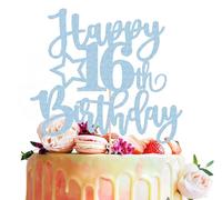MYAMPED Happy 16th Birthday Cake Topper - Light Blue Glitter 16th Birthday Cake Decoration, Cheers to 16 Years Birthday Cake Pick 16 Fabulous Decor, Photo Booth Props