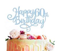 MYAMPED Happy 60th Birthday Cake Topper - Light Blue Glitter 60th Birthday Cake Decoration, Cheers to 60 Years Cake Pick 60th Birthday Anniversary Party Supplies, Photo Booth Props