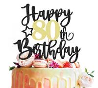 MYAMPED Happy 80th Birthday Cake Topper - Black Glitter 80th Birthday Cake Decoration, Cheers to 80 Years Birthday Cake Pick 80 Fabulous Decor, Photo Booth Props