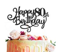 MYAMPED Happy 80th Birthday Cake Topper - Black Glitter 80th Birthday Cake Decoration, Cheers to 80 Years Birthday Cake Pick 80 Fabulous Decor, Photo Booth Props