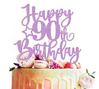 MYAMPED Happy 90th Birthday Cake Topper - Light Purple Glitter 90th Birthday Cake Decoration, Cheers to 90 Years Birthday Cake Pick 90 Fabulous Decor, Photo Booth Props