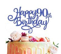 MYAMPED Happy 90th Birthday Cake Topper - Royal Blue Glitter 90th Birthday Cake Decoration, Cheers to 90 Years Cake Pick 90th Birthday Anniversary Party Supplies, Photo Booth Props