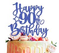 MYAMPED Happy 90th Birthday Cake Topper - Royal Blue Glitter 90th Birthday Cake Decoration, Cheers to 90 Years Birthday Cake Pick 90 Fabulous Decor, Photo Booth Props
