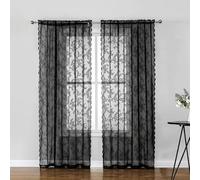 MYAYD Lace Curtain, Pack of 2 Kitchen Curtains, Floral Embroidered Curtains, Knitted Jacquard Curtain for Bedroom, Living Room, Gauze, Retro Style, Vintage W 150 x H 200 cm (Black)