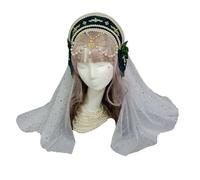 MYAYD Women's Tudor Crown Head wear Round Detachable Medieval Hairband with Flower veil Cosplay Accessory Prop for Halloween (Green)