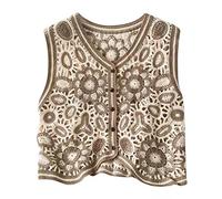 Myazs Boho Women Crochet Knit Vest Waistcoat Floral Pattern Sleeveless V-Neck Cardigan Brown Sleeveless Cardigan for Women