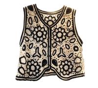 Myazs Boho Women Crochet Knit Vest Waistcoat Floral Pattern Sleeveless V-Neck Cardigan Brown Sleeveless Cardigan for Women