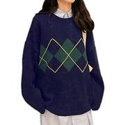 Myazs Women Long Sleeve O-Neck Sweater Argyle Plaid Pattern Oversized Knitwear Tops sweater vest women argyle