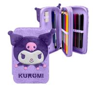 mybagstory | Kuromi Plush Pencil Case with 2 Compartments | Complete School Set 28 Colouring Accessories | Soft Purple Kawaii Design for Girls and Sanrio Fans | Dimensions 12 x 20 x 4 cm