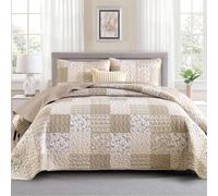 Mybedsoul Beige Boho Quilt Set Queen Size, 3 Pieces Plaid Floral Bedspread Set Patchwork Reversible Bedding Set Microfiber Bedding Bedspread Coverlet Set for All Season 90"x96"