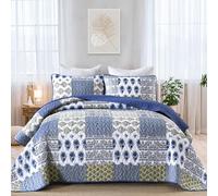 Mybedsoul Boho Quilts Queen Size, Floral Patchwork Bedding Set, Aqua Blue