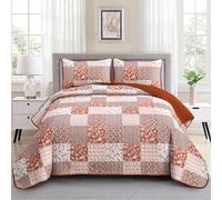 Mybedsoul Burnt Orange Quilt Set King Size, 3 Pieces Boho Plaid Terracotta Floral Bedspread Set Microfiber Lightweight Bohemian Bedding Bedspread Coverlet Set for All Season 90"x104"