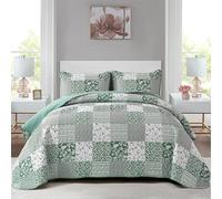 Mybedsoul Green Quilt Set Twin Size, 2 Pieces Plaid Floral Bedspread Set Patchwork Reversible Bedding Set Microfiber Lightweight Bedspread Coverlet Set for All Season 68"x86"