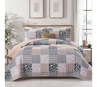Mybedsoul Patchwork Quilt Set King Size, 3 Pieces Blue Brown Floral Plaid Bedspread Coverlet Set, Reversible Soft Microfiber Bedding Set for All Season, Fall Winter King 90"x104"