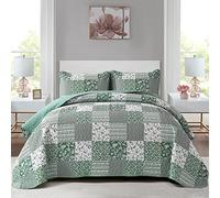 Mybedsoul Sage Green Boho King Quilt Set, 3-Piece Reversible Soft Plaid Floral Bedding Set with 2 Pillow Shams - Sage Green King Size Quilt Bedspread Coverlet Set 90"x104"