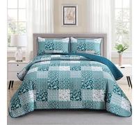 Mybedsoul Teal Blue Quilt Set Queen Size 3 Pieces Boho Plaid Turquoise Floral Bedspread Set Microfiber Lightweight Bohemian Bedding Bedspread Coverlet Set for All Season 90"x96"