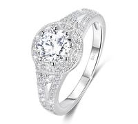 MYBELLNA 1CT Moissanite Ring for Women, D-Color VVS1 Clarity Halo Brilliant Round Cut Lab Diamond Ring 925 Sterling Silver with 18K White Gold Plated Promise Rings for Engagement Wedding (T1/2)