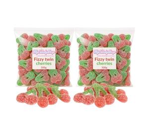 MyCandyShop Fizzy Twin Cherries 1kg - 2 x 500g Halal Sweets with Tangy Sugar Coating & Chewy Gummy Centre - Cherry Sweets in Red & Green for pick and mix, Candy Jars & Snacking - Fruity Sour Treats