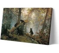 MYCGGDGH Black Bear Wall Art Prints Framed Canvas Retro Morning in a Pine Forest Famous Painting Wall Art Realism Vintage Living Room Decor 75x50cm(30x20in) Frame