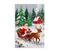MYCGGDGH Canvas Wall Art Vintage Print Christmas Santa Claus Paintings Sleigh Reindeers Winter Xmas Gift Aesthetic Artwork Cottage village Winter Wall Decor 45x30cm(18x12in) Frameless