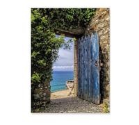 MYCGGDGH Streets of Old Mediterranean Towns Flower Door Windows Wall Art Canvas sea-blue door Vintage Landscape Architecture Picture for Home Decor 70x91cm(28x36in) Frameless