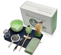 Mycketop Premium Matcha Set 10 PCS, Bamboo Whisk, Spoon, Ceramic Bowl with Spout, Chasen Holder, Sifter, Measuring Cup, etc. Professional Accessory for Japanese Tea Ceremony, Gift, Matte Green