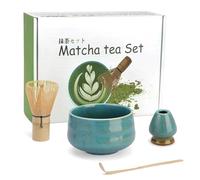 Mycketop Premium Matcha Set 4 PCS, Bamboo Whisk, Spoon, Ceramic Bowl, Chasen Holder, Starter Accessory for Japanese Tea Ceremony, Gift for Matcha Lovers, Kiln-Fired Blue