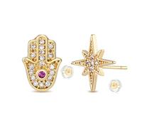 MYEARS Women Hamsa Hand of Fatima and Starburst Earrings Gold Stud Diamond Cubic Zirconia 14K Gold Filled Small Simple Handmade Hypoallergenic Everyday Asymmetry Jewelry, Stainless Steel