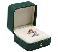 Ring Box Wedding Engagement Box Green, Square Leather Velvet Jewelry Ring Bearer Box, Premium Gorgeous Vintage Double Slots Ring Box for Proposal, Ceremony, Anniversary, Gift
