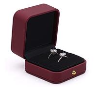 MYEBIUAI Wedding Ring Box Engagement Box Wine Red, Square Leather Velvet Jewelry Ring Bearer Box, Premium Gorgeous Vintage Double Slots Ring Box for Proposal, Ceremony, Anniversary, Gift