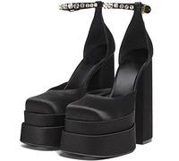 MYENA Platform Chunky High Block Heels for Women, Summer Square Toe Ankle Strap Buckles Rhinestones Wedge Dress Pumps Shoes,black,39