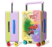 MYER Multi-color Dopamine Wide Handle Carry on Zipperless Hard Side Luggage 22x14x9 Airline Approved with Changer 20 Inch Carryon Travel Suitcases with Spinner Wheels, Colorful Graffiti, 20 inch