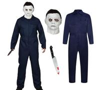 Myers Halloween Costumes Adult Men Women, Halloween Costume Jumpsuit with Mask Toy Plastic Knife Scary Horror Halloween Props Killer Overalls Cosplay Party (Blue Dark, L)