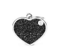 MyFamily Personalised Dog Medallion Made in Italy, Large Glitter Heart, Black, Free Engraving Dog Tag, Metal, Shine Collection, 37x36 mm