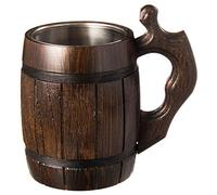MyFancyCraft Handmade Beer Mug Oak Wood Stainless Steel Cup Natural Eco-Friendly 0.5 liters 17 Ounces Barrel Brown