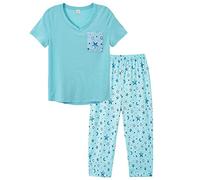 MyFav Capri Pjs Sets Short Sleeve Shirt and Cropped Pants Pajama 2 Piece Loungewear Set,Blue Star,XXL