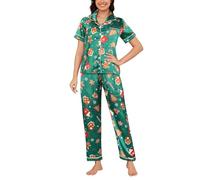 MyFav Christmas Silk Pyjamas Set Satin Button Down Sleepwear Classic Short Sleeve Top and Pants 2 Piece Pjs Lounge Set,Xmas Green,XS