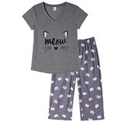 MyFav Cropped Pyjamas for Women V-Neck Cat Print Short Sleeve Sleepwear Top and Wide Leg Pants Cropped Trousers Soft Nightwear,Grey Cat,3XL