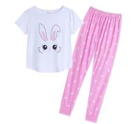 MyFav Pyjamas Set for Women Short Sleeve Cute Rabbit Printed Sleepwear Comfy Two Piece Lounge Sets Loungewear,White Pink,XL