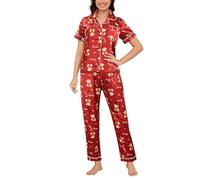 MyFav Silk Satin Christmas Pyjamas Set for Women Cute Short Sleeve Button Down Festive Sleepwear Comfy Xmas Long Lounge Sets,Xmas Bear,M