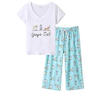 MyFav Women’s Comfy Pyjama Set Short Sleeve Nightwear Tops with Cat Print pants 2 Pcs Capri Pjs(Blue,S)