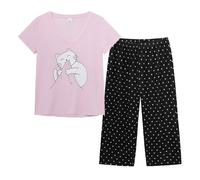 MyFav Women's Capri Pyjama Sets Cute Print Short Sleeve Sleepwear Top and Capri Pants Two Piece Loungewear,Pink Cat,L