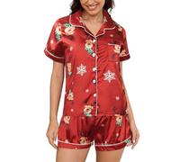 MyFav Womens Christmas Print Pyjamas Set Contrast Piping Satin Silk Button Down Top and Shorts Sleepwear Xmas Party Nightwear,Red Deer,S