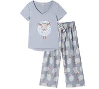 MyFav Women's Cropped Pyjama Set Short Sleeve Loungewear Cute Printed Sleepwear Tops with Capri Pants Pjs Set,Sheep,XXL