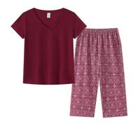 MyFav Women's Pyjama Sets 2 Piece Loungewear Summer Sleepwear V Neck Short Sleeve with Capri Pants Pjs Set,Wine Red,3XL
