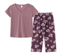 MyFav Women's Pyjama Sets 2 Piece Loungewear Summer Sleepwear V Neck Short Sleeve with Capri Pants Pjs Set,Flower Print,L
