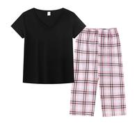 MyFav Women's Pyjama Sets 2 Piece Loungewear Summer Sleepwear V Neck Short Sleeve with Capri Pants Pjs Set,Black Plaid,S