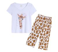 MyFav Women's Pyjama Sets Plus Size Sleepwear Soft Comfort Pjs Cute Giraffes Two Piece Nightwear Lounge Set,White,XL